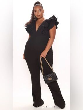 Black Cotton Ruffle Flare Leg Jumpsuit